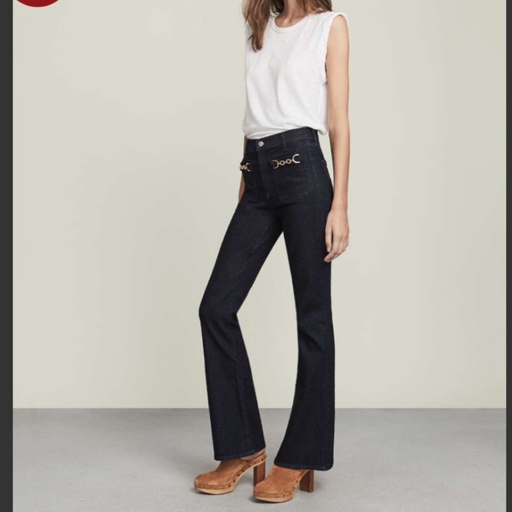 Veronica Beard Florence Flare High Rise Jean Gold Chain Dark Wash, Size 27